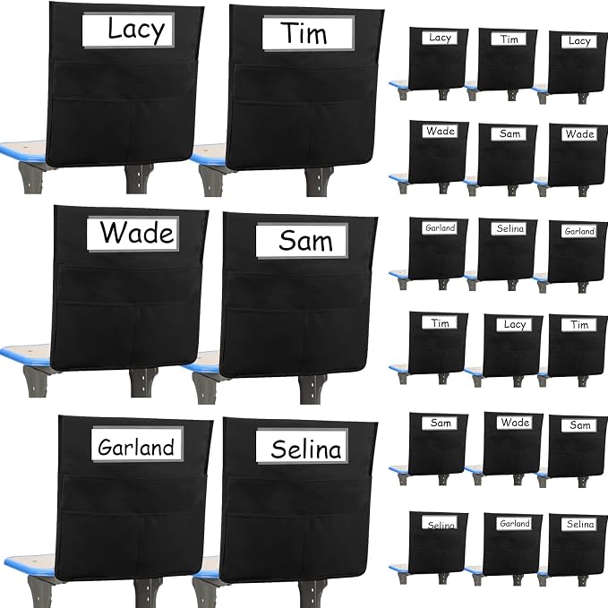 Boao 24 Pcs Chairback Pockets for Classroom with Name Tags, 16.3 x 15 Inch Seat Storage Organizers, 2 Large Pockets Chair Back Organizers for Students Teachers School Supplies(Black)