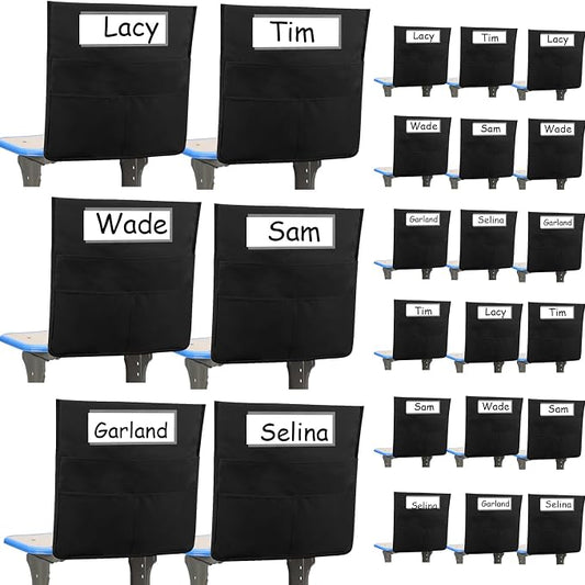 Boao 24 Pcs Chairback Pockets for Classroom with Name Tags, 16.3 x 15 Inch Seat Storage Organizers, 2 Large Pockets Chair Back Organizers for Students Teachers School Supplies(Black)