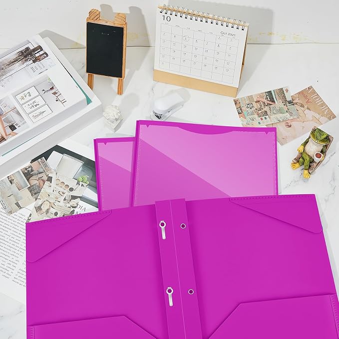 Henoyso 36 Pcs Plastic Folder with Clear Front Pocket and 3 Prong Plastic Folders with Card Slot Pocket Folders with Prongs for School Office (Neon Purple)