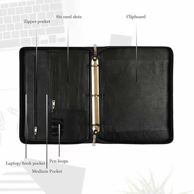 Genuine Leather Portfolio, 3 Ring Binder Padfolio, 11"×14" Padfolio Organizer, Professional Business Portfolio Binder for Men and Women
