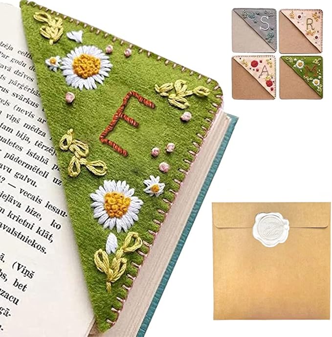 Personalized Hand Embroidered Corner Bookmark, 26 Letters Hand Stitched Felt Corner Letter Bookmark, Cute Flower Embroidery Bookmarks for Book Reading Lovers Meaningful Gift (Summer，E
