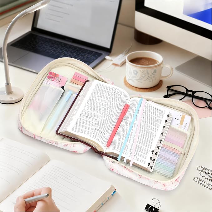 XKDOUS Bible Cover for Women Church Book Holder Quilted Carrying Case with Handle, Tabs, Study Supplies Portable Bible Bag Journaling Kit Christian Gifts for Mom Lady