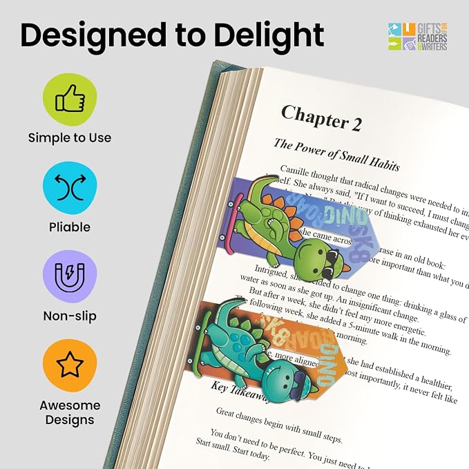 Gifts for Readers & Writers Linemarker Bookmark, 2 Pack Magnetic Bookmarks, Includes Line Finder Slit for Easy Line Tracking, Small & Cute Stationery, Book Page Holder, Reading Accessories, Dino