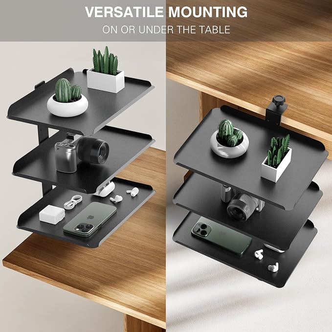 3 Tier Clamp On Desk Shelf - Over Or Under Table Clamp,with Adjustable Metal Storage Tray Headphone Stand with No Drill Installation, for Home Office, Gaming Devices,Storage Tray,and More