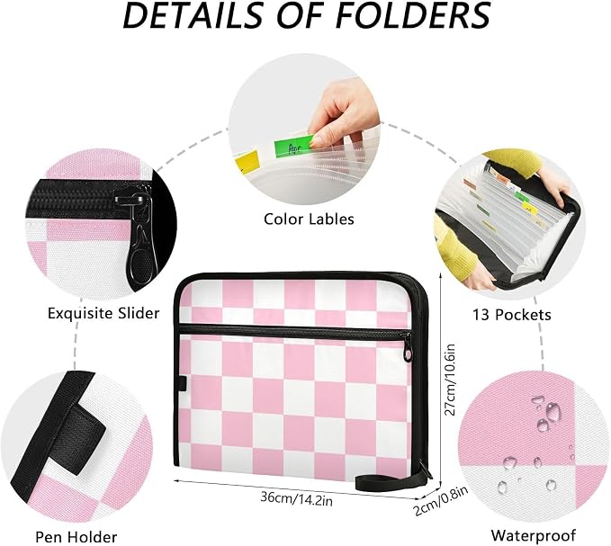 Pink Checkerboard Expanding File Folder Accordion File Organizer 13 Pockets Document Organizer with Zipper Labels Office Storage for Letter A4