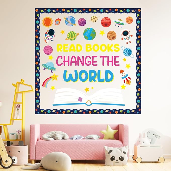 Outer Space Bulletin Board Set Read Books Change The World Classroom Decoration Motivational Astronaut Rocket Spacecraft Planet Paper Cutout for Back to School Nursery Library Door Wall Decor Supplies