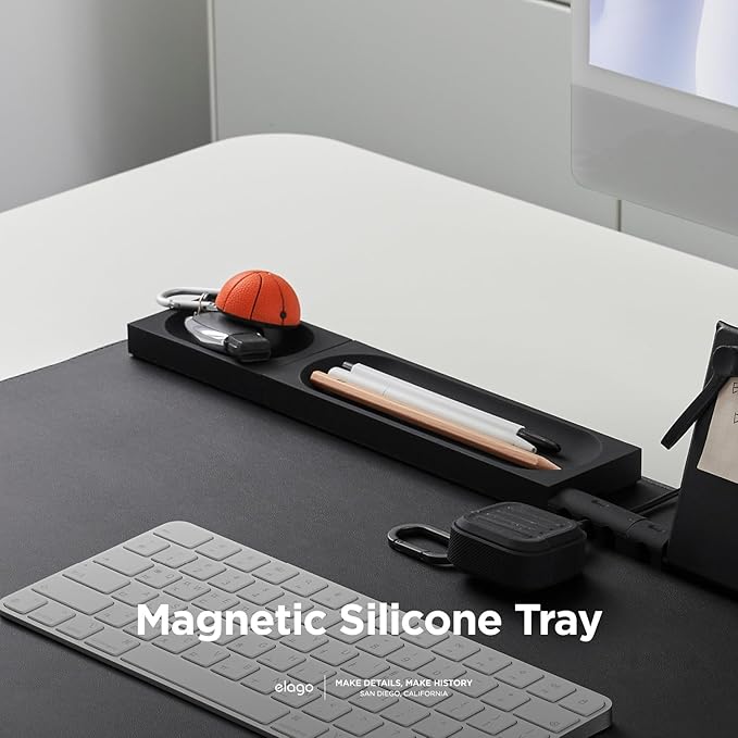 elago Smart Magnetic Desk Mat Pencil Tray – Soft Silicone Organizer for Office Supplies, AirPods, Glasses, Pens – Noise-Free, Non-Slip, Washable, Item for Desk Management [Medium-Small Set] (Black)