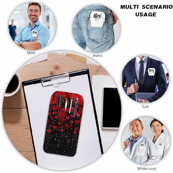 chaqlin Pocket Protector for Men Women, Red Hearts Print Leather Pen Protect Holder for Shirts, Lab Coats, Holds Pens, Pointers, Cards, Pocket Protectors