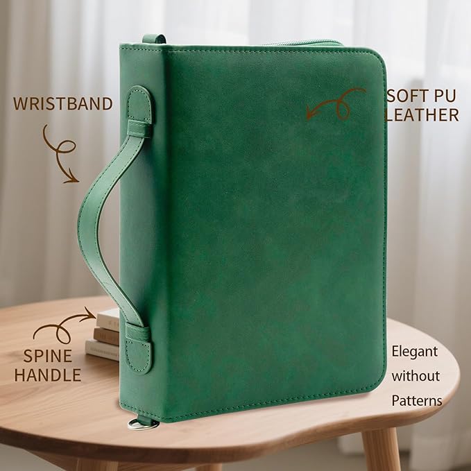 Bible Cover,Bible Cover Case for Women,Men&Children with Detachable Shoulder Strap,Handle for Bible and Other Book Accessories,Christian Art Gifts,PU Leather, Church Bag,Green