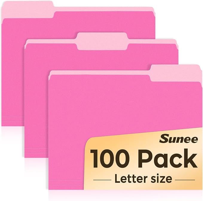 SUNEE File Folders, 100 Pack Manilla Folders 8.5 x 11, Colored File Folders Home Office School Supplies for Documents Files Paper, Neon Pink