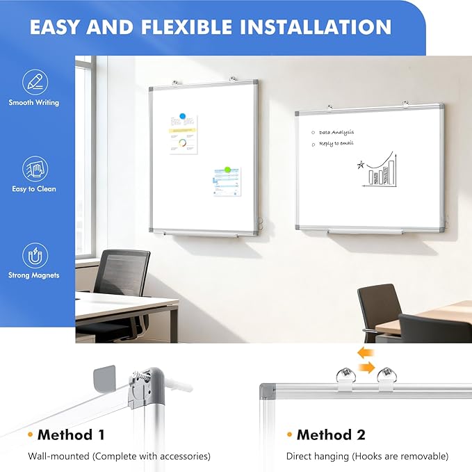 WALGLASS 2 Pack White Board, 36" x 24" Double-Sided Dry Erase White Board for Wall, Hanging Mounted Whiteboard, Horizontal or Vertical Silver Aluminium Frame for Home, School, Office, Kitchen
