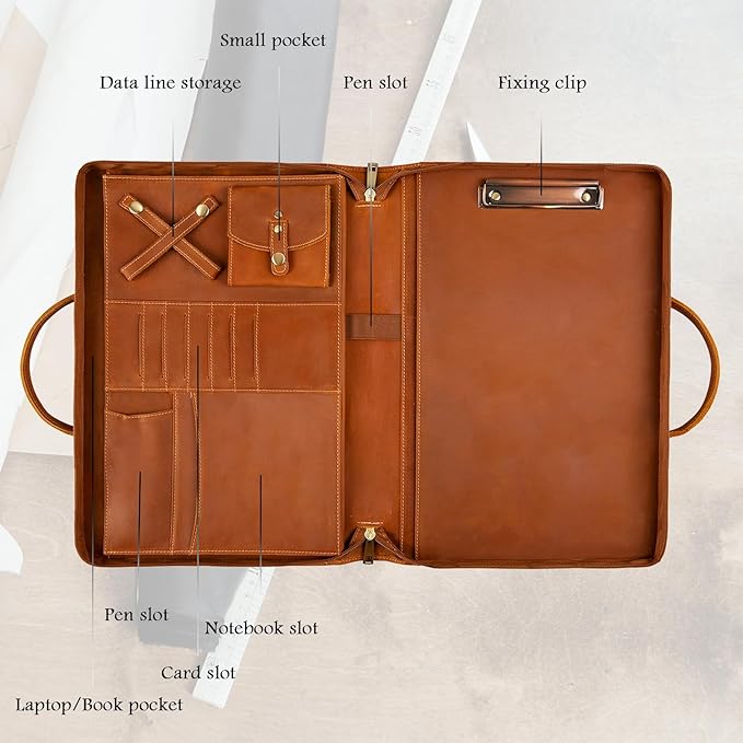 Genuine Leather Portfolio, Padfolio Organizer with Handle, Personalized Padfolio，Padfolio with Zipper for Men Women，Suitable for 15-inch Laptop Legal Pad Padfolio, Brown