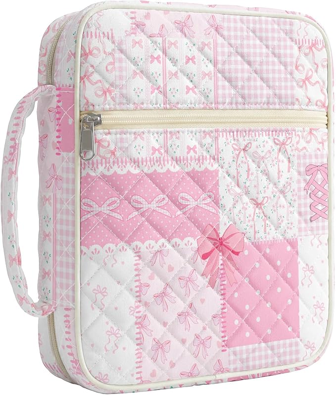 WOBAGMEN Bible Cover Case for Women,Large Bible Tote Bags Organizer Quilted Carrying Case for Girls,Bible Study Supplies Accessories Christian Gifts for Women (Pink Bow Pin, M)
