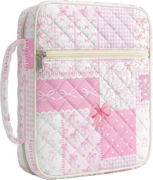 WOBAGMEN Bible Cover Case for Women,Large Bible Tote Bags Organizer Quilted Carrying Case for Girls,Bible Study Supplies Accessories Christian Gifts for Women (Pink Bow Pin, M)