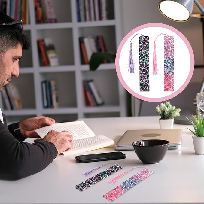 2Pcs Glitter Bookmarks for Girls Purple Pink Sparkly Bookmarks | Acrylic Bling Book Marks Resin Tassel Bookmark for Girls Women Book Lover Reading Presents