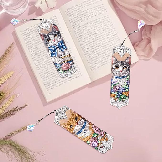 Tontut 3pcs Diamond Art Painting Kit Bookmarks, Cat on Books Fine General Purpose DIY Bookmarks, Lightweight and Durable, Suitable for Reading Lovers