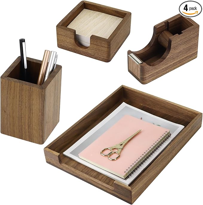 MultiBey 4PCS Walnut Wood Office Supplies Set, North America Black Walnut Lettle Tray and Tape Dispenser Organizer Wood Desk Accessories Sticky Notes Memo Pad Holder and Pencil Holder