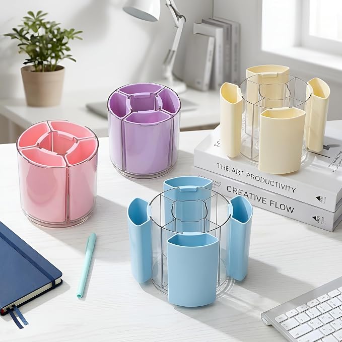 Comix 360° Rotating Pen Holder for Desk, Cute Pencil Holder Pen Organizer, Pink Acrylic Pencil Cup Caddy with 5 Slots for Home School Office Supplies