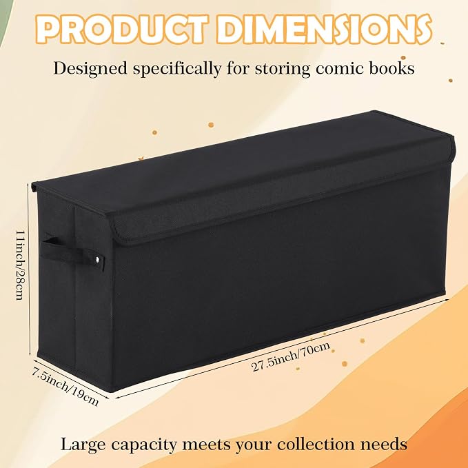 Long Comic Book Storage Box 27.5" x 7.5" x 11" Collapsible Holds 160-180 Comic Book Organizer with Handle and Lid for Current Silver Golden Comics Collection and Magazine