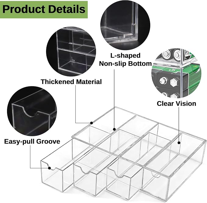 2 Pack Clear Acrylic Battery Storage Organizer for AA, AAA, C, 9V Batteries, 4-Drawer Battery Organizer for Common Types Batteries(Batteries Not Included)