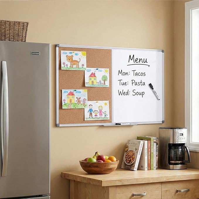 Magnetic Combination Whiteboard & Cork Bulletin Board, 36 x 24 Inch-Dual Surface Combo Board for Home Office Organization, Kitchen Meal Planning & School Study-Silver Aluminum Frame