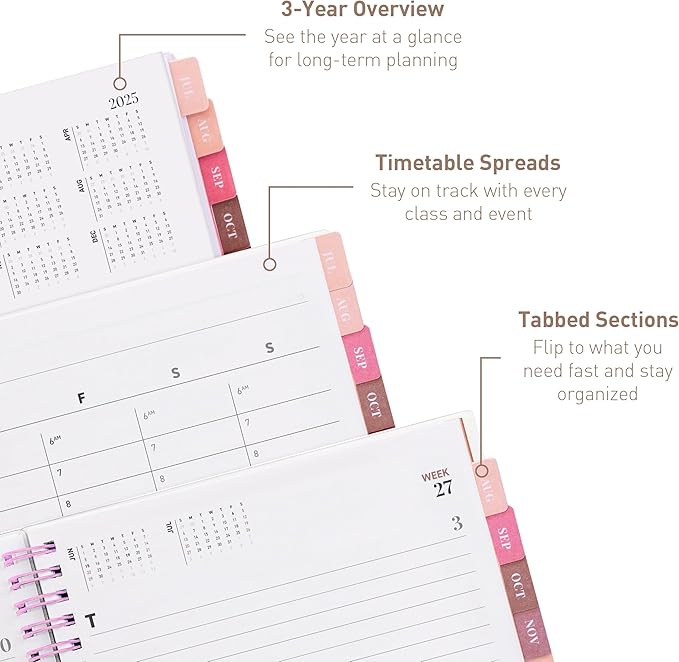 Rileys Academic Planner 2025-2026, Daily, Weekly & Monthly Planner, July 2025 - June 2026, Student Notes Pages, Twin-Wire Binding, Weekly Agenda for School & Work (8 x 6-Inches, Pink, Diagonal)