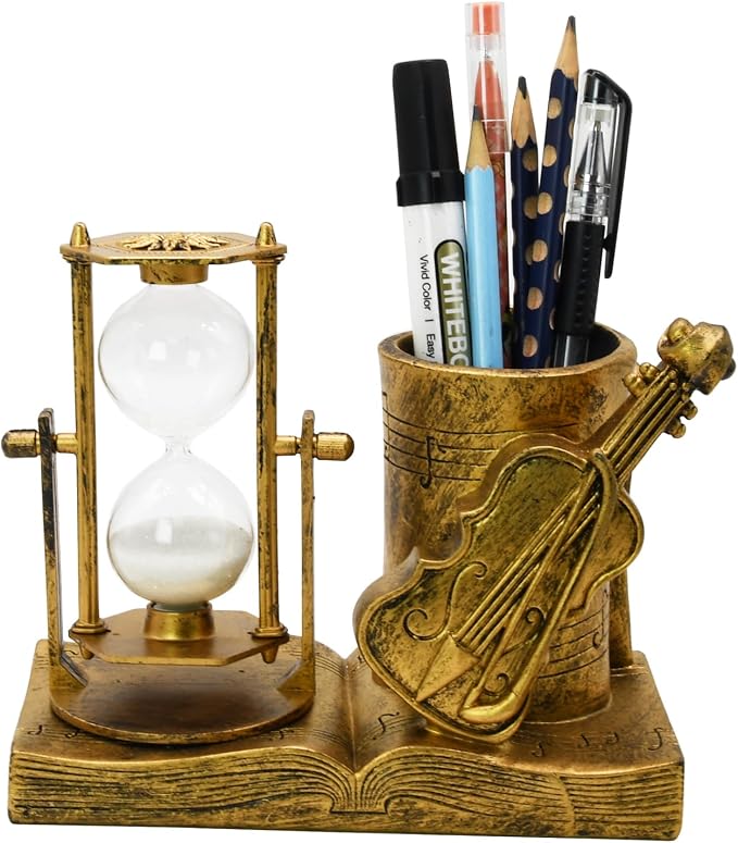 Violin-Themed Pencil Holder with Hourglass, Resin Desktop Organizer for Office & Study, Pen Holder with Sand Timer, Classic Music Addition Scissors Storage, Artistic Gift for Violin Lovers