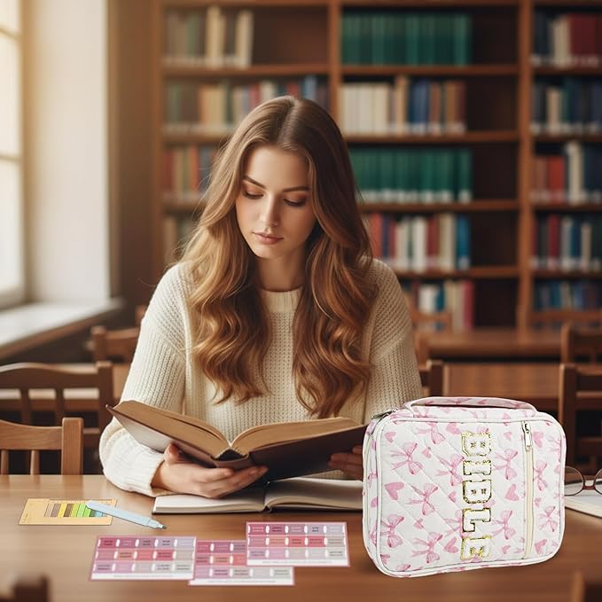 Bible Cover Case for Women Large Chenille Letter Bible Bag with Handle Quilted Bible Carrying Case for Girls Bible Study Supplies Accessories (Pink Bow)