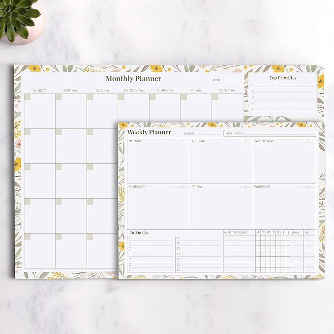 Rileys Monthly Planner Desk Pad, Undated Planner Calendar with 52 Tearaway Sheets, Wide To Do Planner Notepad with Top Priorities and Notes Sections, Printed Border, 16.5 x 11.4" (Floral Yellow)