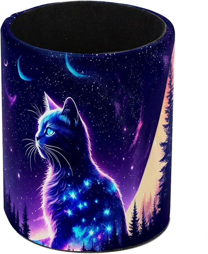 Fantasy Purple Starry Sky Cat Pen Holder Pencil Organizer Cute Pencil Cup Desk Decor Makeup Brush Holder PU Multifunctional Office Supplies for Home Classroom School