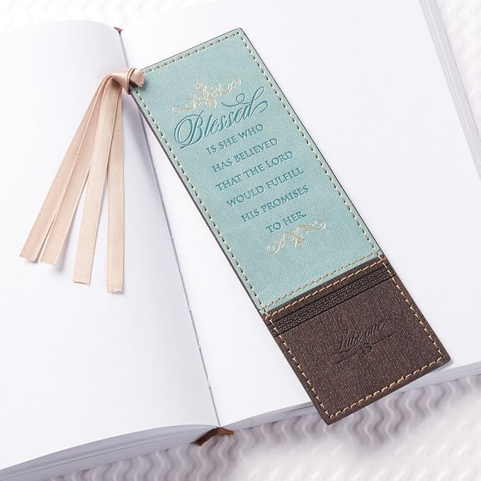 Christian Art Gifts Vegan Faux Leather Scripture Bookmark for Women: Blessed is She - Luke 1:45 Inspirational Bible Verse Heat-Debossed, Faith-Based Reading Book Accessory w/Ribbon Satin Tassel, Blue