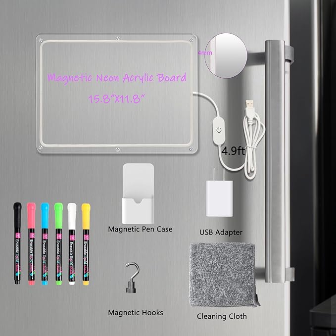 Acrylic Magnetic White Board for Fridge with Neon Light,16"x12" Clear Fridge Memo Dry Erase Magnetic Whiteboard Planner Set for Refrigerator,Glass,Wood Wall,Office with 6 Colors Markers