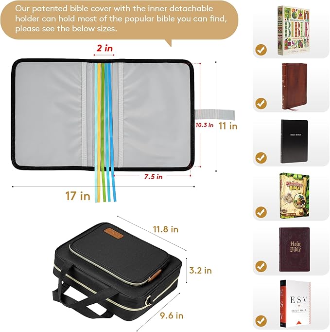 Bible Cover for Women – Large Bible Case with Zipper, Floral Journal Bag with Handle & Shoulder Strap, Christian Gift for Bible Study & Church, Black