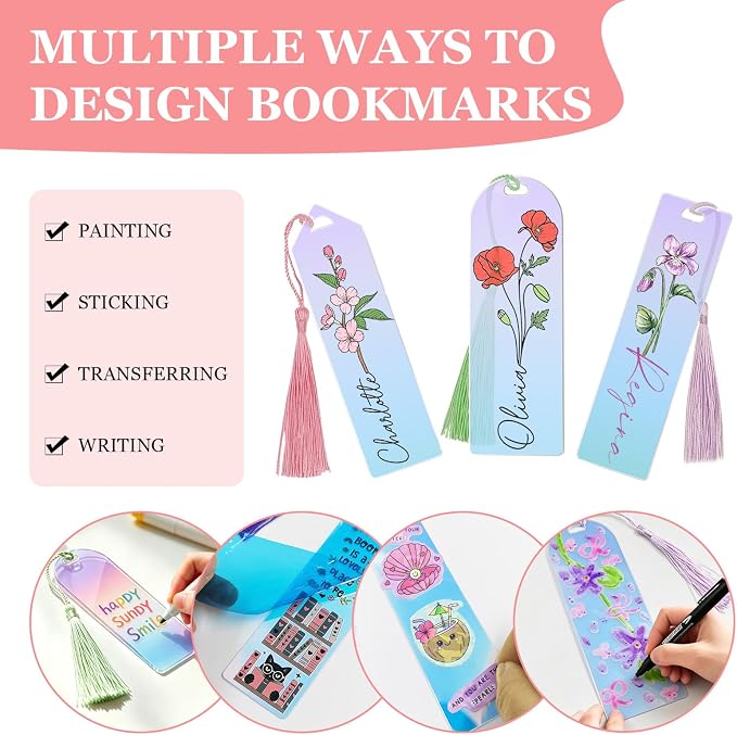 90Pcs Acrylic Bookmark Blanks Kit,30 Set Iridescent Clear Acrylic Bookmarks with 30 Tassels & 30 Self-Adhesive Bags for DIY Crafting Projects and Book Lovers Gifts