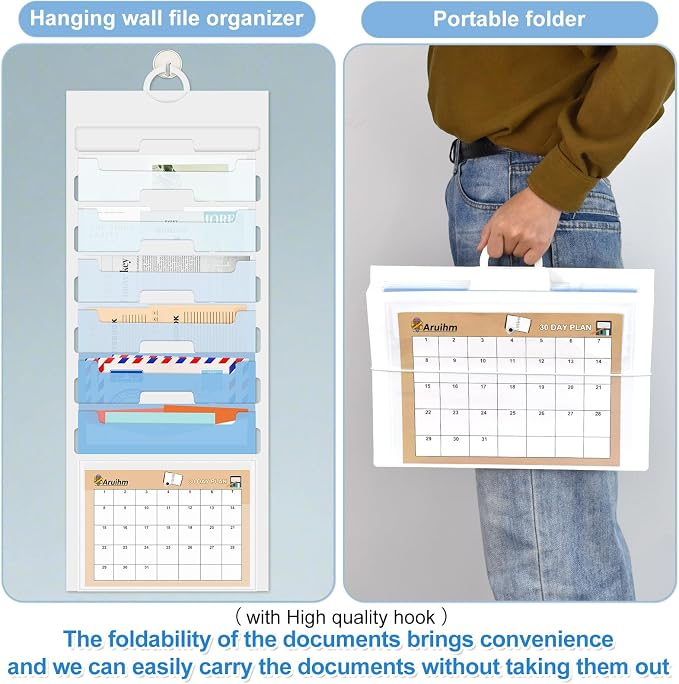Wall File Organizer 6 Pocket, Hanging Wall File Organiser for Classrooms and Offices, 6 Removable Poly Hanging File Folders