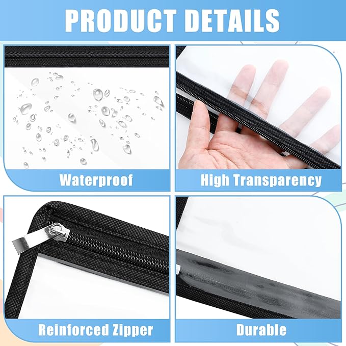 8 Pcs Clear Zipper Pouches, Clear Pencil Pouch,PVC Waterproof Makeup Pouch Envelopes Folder Storage,Document File Organization Bags for Home Office Supplies(7 x 11.4inch)