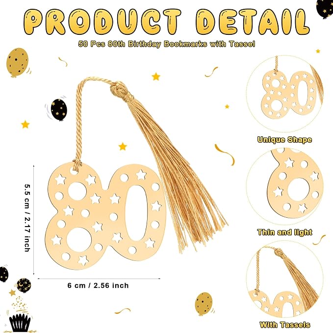Spakon 50 Set 80th Birthday Party Favor for Guest Anniversary Party Favor Golden Birthday Bookmark Thanks Coming Pen with Tag Appreciation Gifts for Women Men Wedding Anniversary