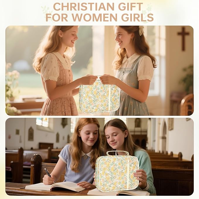 Bible Cover Case for Women Corduroy Bible Case for Girls Large Bible Cover with Handle Bible Study Supplies Accessories Christian Gifts for Women (Sun Flower, Medium)