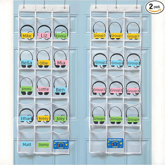 2-Pack Classroom Headphone Storage Organizer – 30 Clear PVC Pockets | Blank Colorful Labels, Custom Writing, School & Teacher Organization