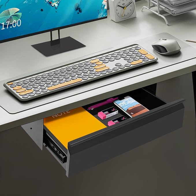 16 Inch Under Desk Mounted Sliding Pull-out Drawer Storage for Sit Stand Workstation Office(Applicable Table Thickness: 0.79in) Black