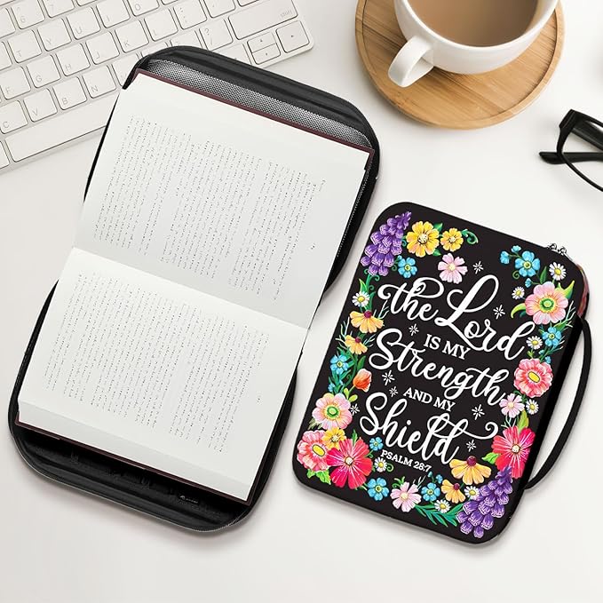 Floral Faith Bible Cover for Women with Handle and Zipper Pocket, Canvas Scripture Case with Psalm Verse, Fits Standard Size Bible, Christian Gift for Mom Daughter Church Use