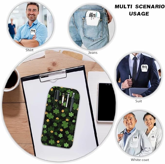 chaqlin Pocket Protector PU Leather, Green Leaves St. Patrick Print Pocket Pen Pouch Holder for Men Women Shirts, Lab Coats, Pants