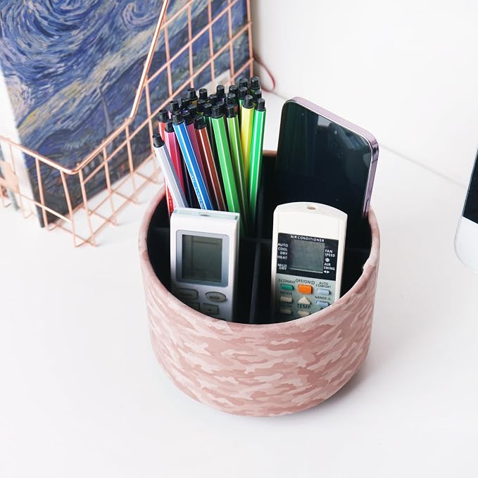 Round Leather Art Supply Organizer,Remote Control Holder,360 Degree Rotating,Multi-Functional Pencil Holder,4 Compartments Desktop Stationary Organizer(1-Camouflage Pink)