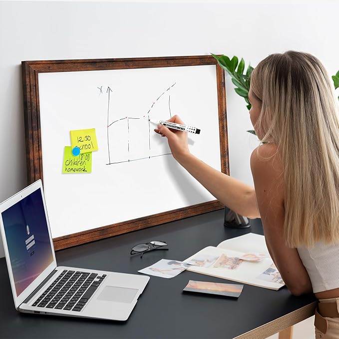 DOLLAR BOSS Magnetic Whiteboard for Wall 36" x 24" Vintage Wood Framed White Board Decorative Dry Erase Board for Home Office Shop Decor Display with 4 Markers, 8 Magnets, 1 Eraser, Rustic Brown