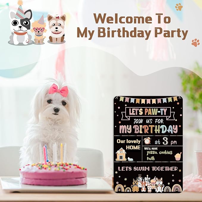 Tiamon Dog Birthday Chalkboard Boho Themed Dog Birthday Photo Props Rainbow Pet Milestone Chalkboard Sign for Party Supplies Double Sided Reusable Erasable 14 x 10 Inch