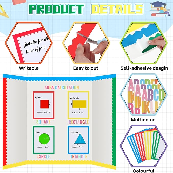 Henoyso 116 Sheets Science Fair Board Supplies 20 Printable Presentation Science Subtitles 80 Scalloped Bulletin Borders 8 Letter Sticker 8 Project Title for School Office (Board No Included)