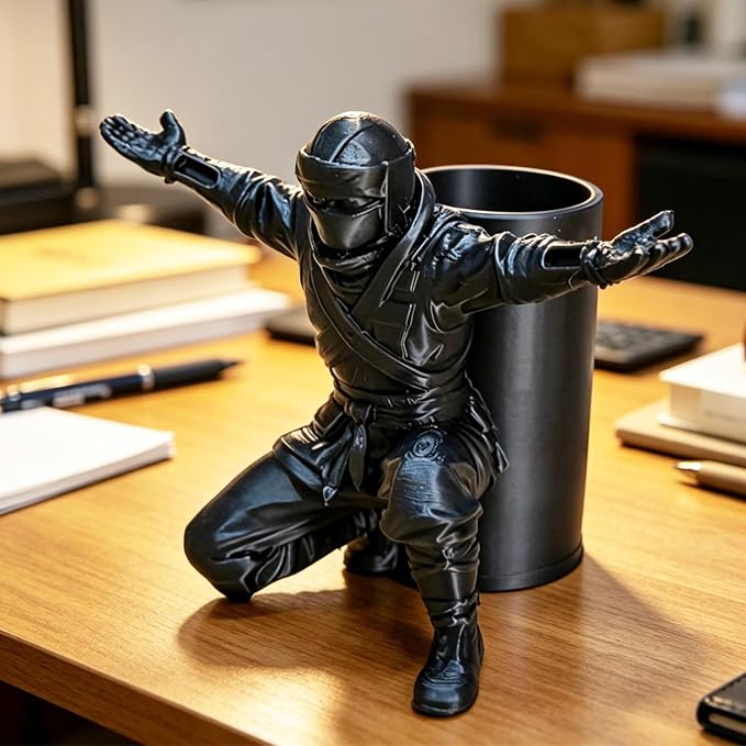 Ninja Pen Holder Desk Organizer–Unique Pen Stand, 3D Printed Cool Desk Decor Office Accessories for Men Women (Black)