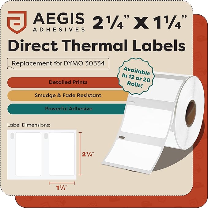 Aegis Adhesives - Compatible Direct Thermal Labels Replacement for DYMO 30334 (2-1/4" X 1-1/4") Barcode - Use with Labelwriter 450, 450 Turbo, 4XL Printers (12 Rolls)