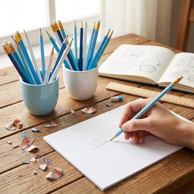 24sets/72pcs Wood-cased Blue Colored Pencils, Aesthetic #2 Eco Wooden Paper Pencils with 48 Pcs Top Erasers, Number 2 Unsharpened Pencil Bulk Gifts for Birthday Party Favors Writing Drawing Office