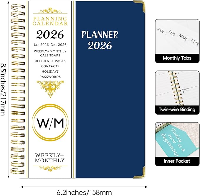 2026 Planner, Weekly and Monthly Academic Year 2026 Calendar(January 2026- December 2026), Agenda Book for School Stuedent, Teacher, Home, Office (Deep Blue(JAN2026-DEC2026))